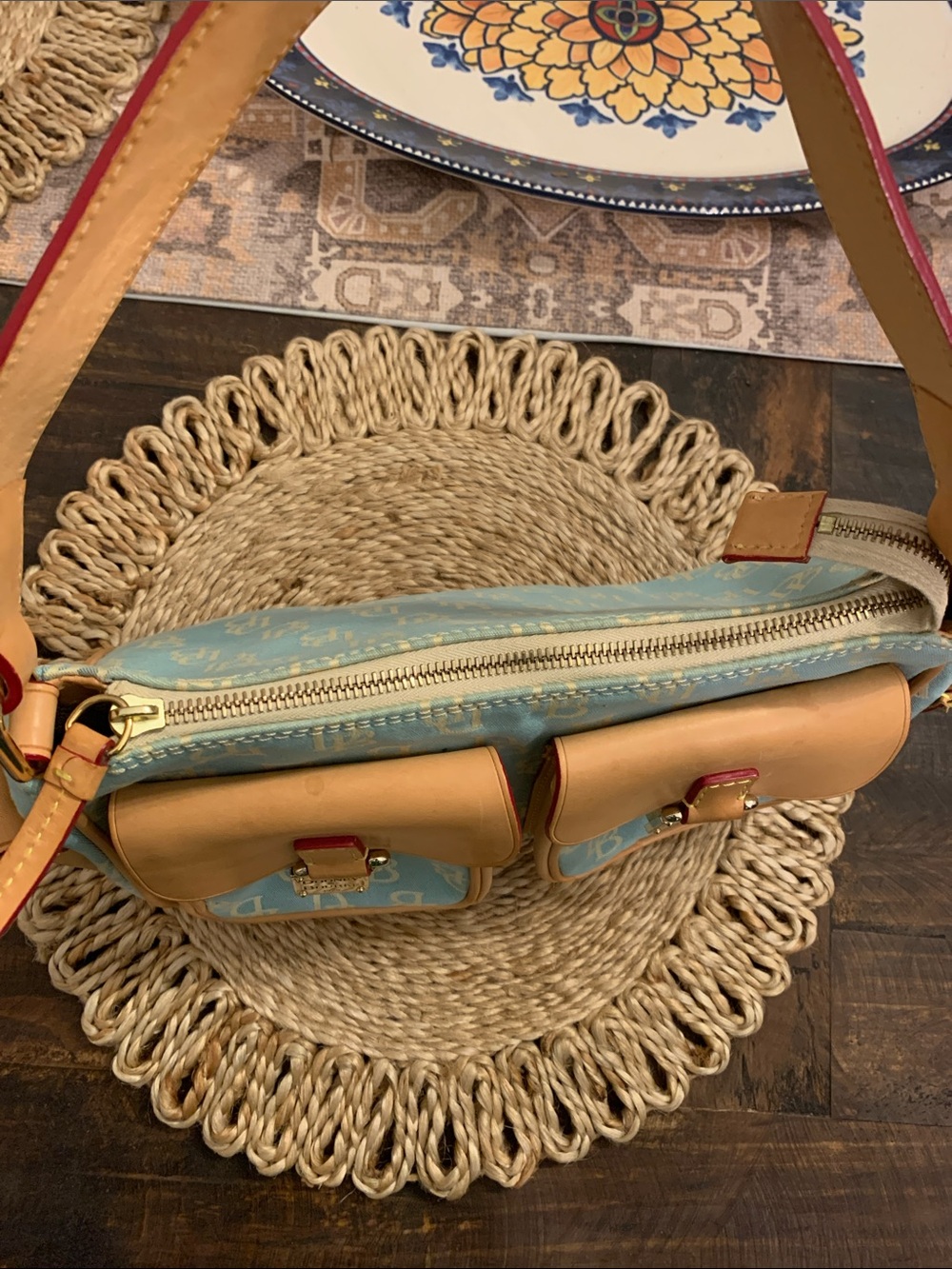 Dooney & Bourke Light Blue Logo Canvas Shoulder Bag with Tan Leather Trim - Picture 3 of 13